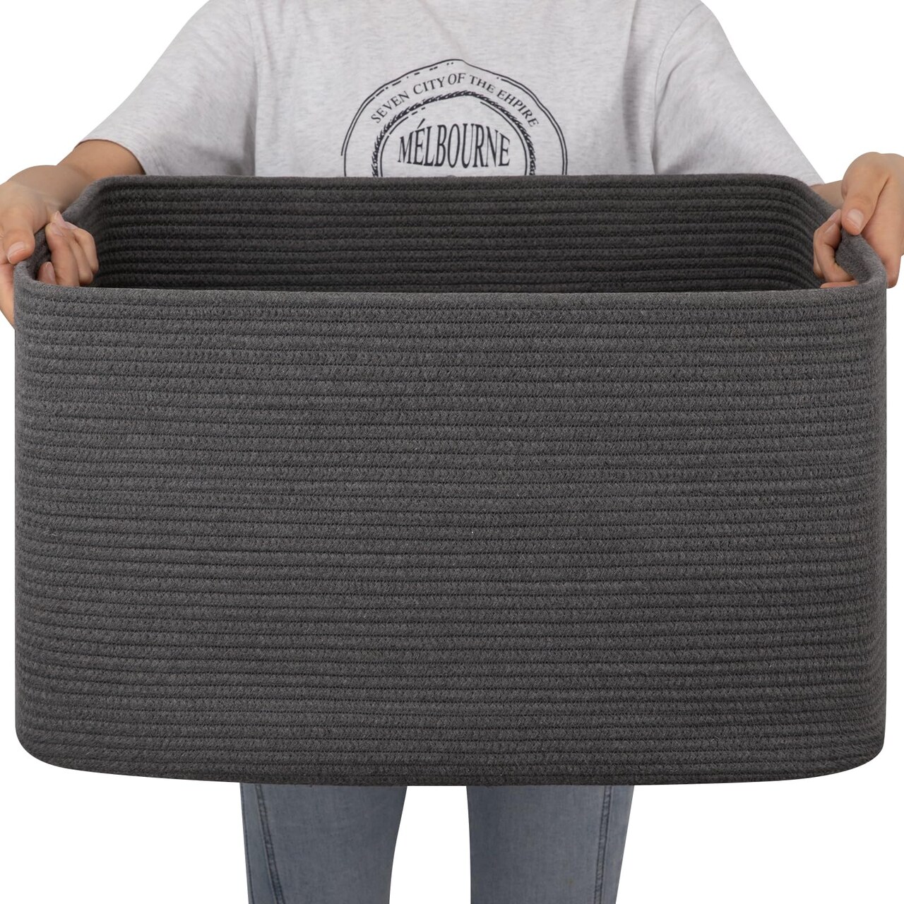 Large Blanket Basket,Storage Basket with Handle, Blanket Basket for Living Room, Rectangle Woven Cotton Rope Basket for Bedroom, Toy Baskets Organizer Bins, 22" x 17" x 12" in, Dark Grey